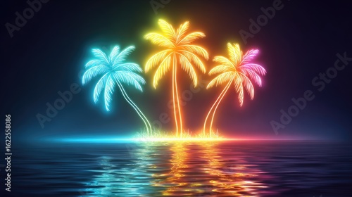 Three neon palm trees on a dark tropical island.