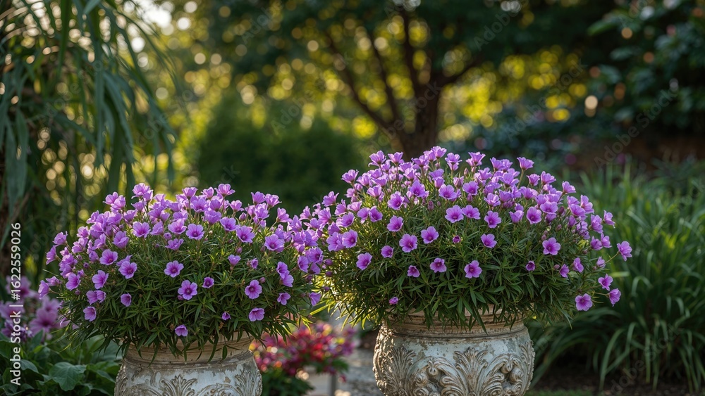 Fototapeta premium Spring and summer floral display of purple potted plants with greenery