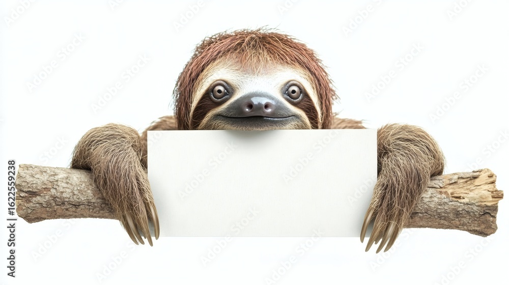 Obraz premium Sleepy sloth holds a blank sign.