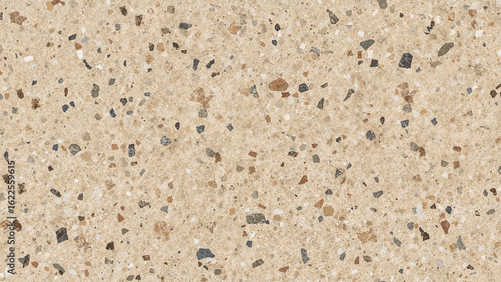 Natural Stone Terrazzo Pattern for Indoor and Outdoor Use, Featuring Granite, Quartz, Marble, Limestone, and Concrete on a Beige Base with Multicolored Fragments