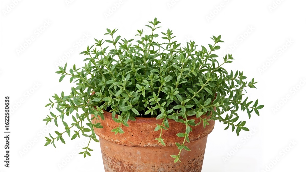 Oregano herb flourishing in a terracotta container on a plain white surface Oregano herb flourishing in a terracotta container on a plain white surface