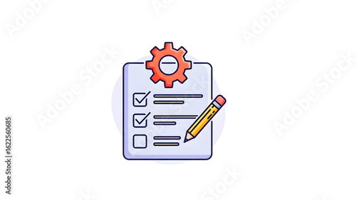 Workflow Document Vector: Purple Page with Red Gear and Checkmarks  Task Completion Graphic: Light Purple Form with Validation Symbols 