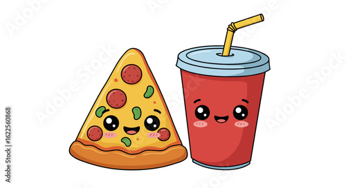 Kawaii pizza slice and soft drink character with smiling faces  