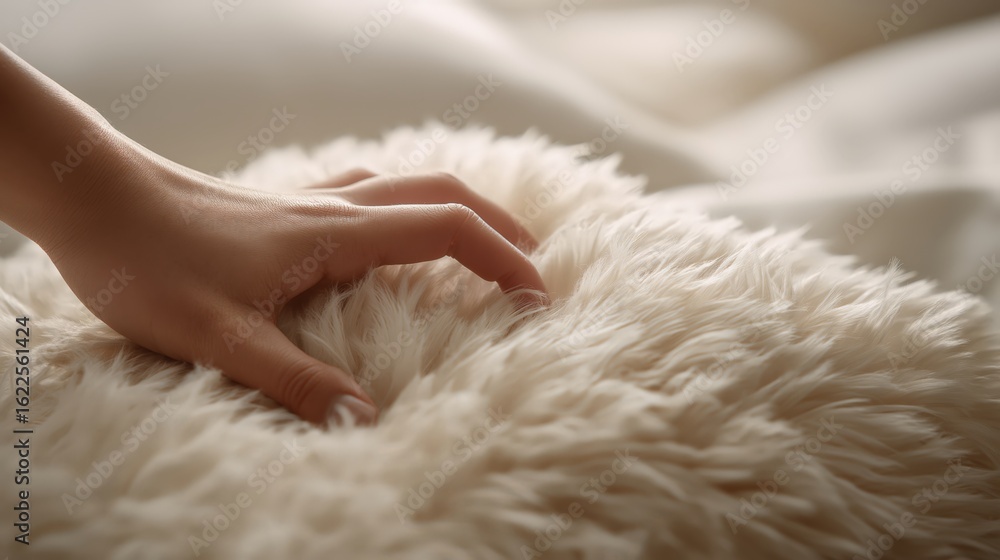 Photorealistic macro close-up of female hand gently pressing into soft white fluffy blanket, ideal for textile branding, comfort product ads, wellness design, and home interior inspiration Photorealistic macro close-up of female hand gently pressing into soft white fluffy blanket, ideal for textile branding, comfort product ads, wellness design, and home interior inspiration