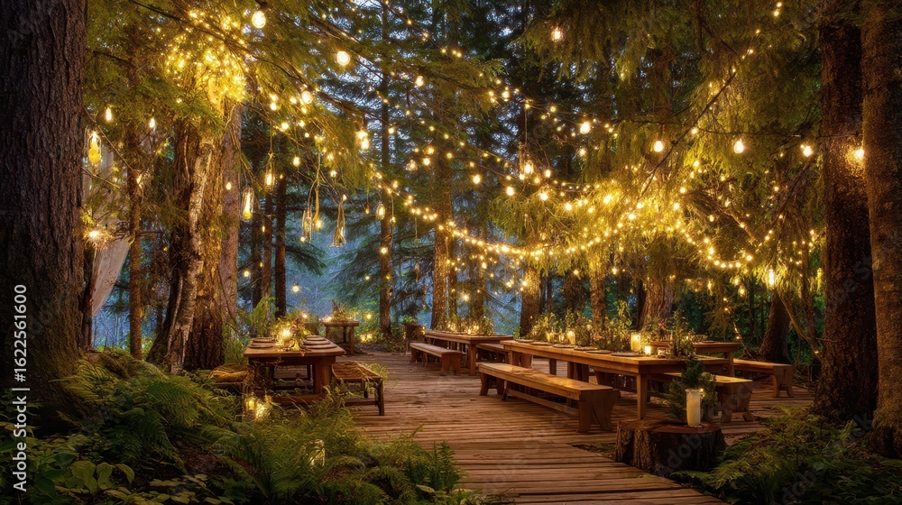Obraz premium Enchanting Outdoor Setting with Fairy Lights in Magical Forest