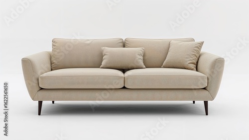 A light beige three-seater sofa with a cushion displayed against a white background