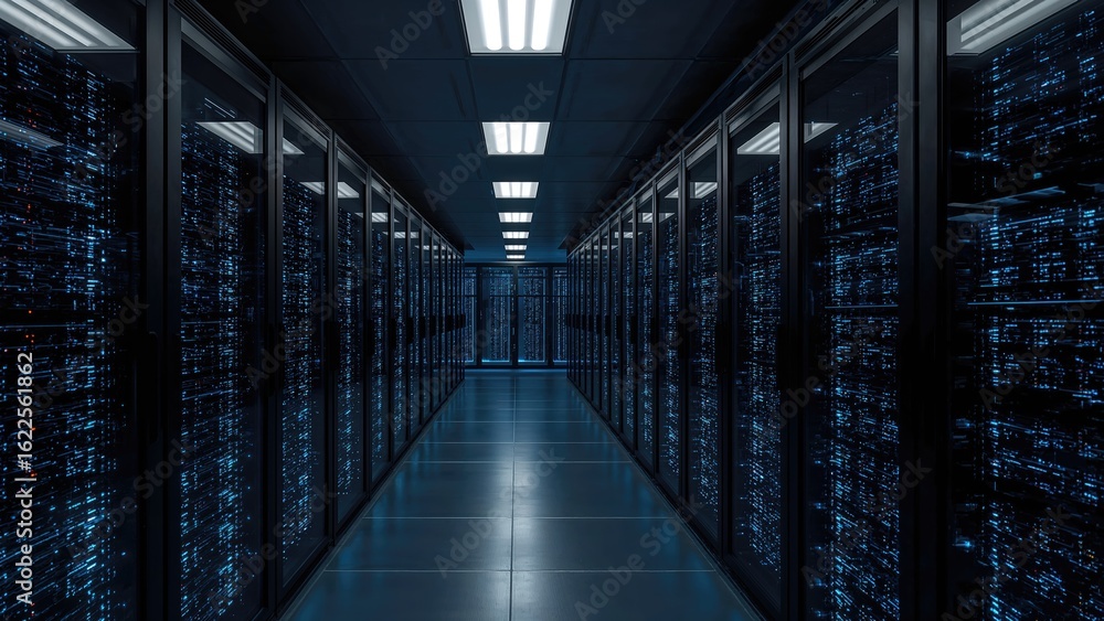 Fototapeta premium Server facility showcasing node-driven programming within the data framework. Ideas of cloud computing and extensive data repositories