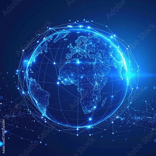 A detailed depiction of Earth showcasing a network of glowing connections and dots, symbolizing global communication and interconnectedness across continents.