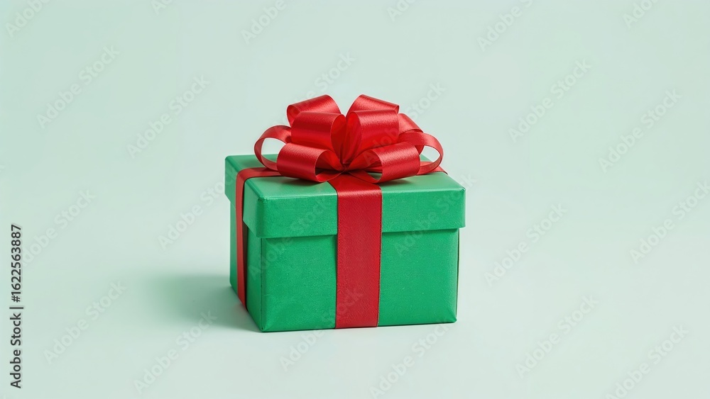Obraz premium Holiday Present in Green with a Scarlet Bow on a White Surface