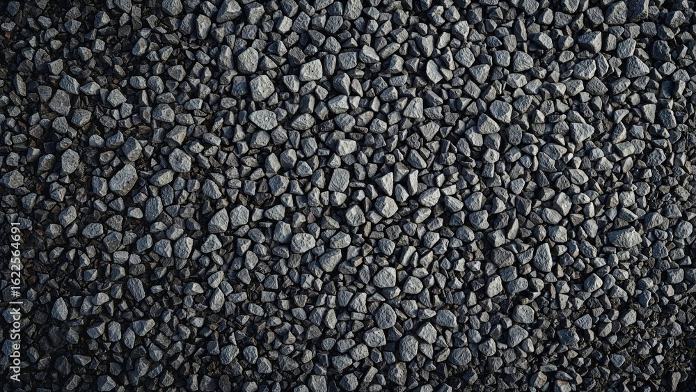 Construction-grade gray granite gravel crushed rock, macadam scree texture ground layer. Aggregated loose rock fragments for building. Construction-grade gray granite gravel crushed rock, macadam scree texture ground layer. Aggregated loose rock fragments for building.