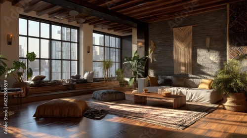 Modern Lounge with Boho Decor and Sunlight Streaming In