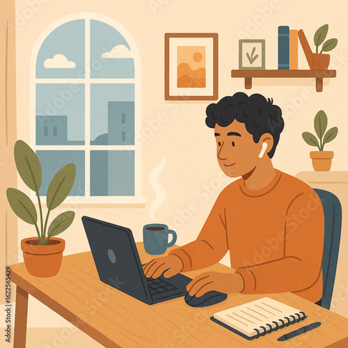 Freelancer young man working on laptop