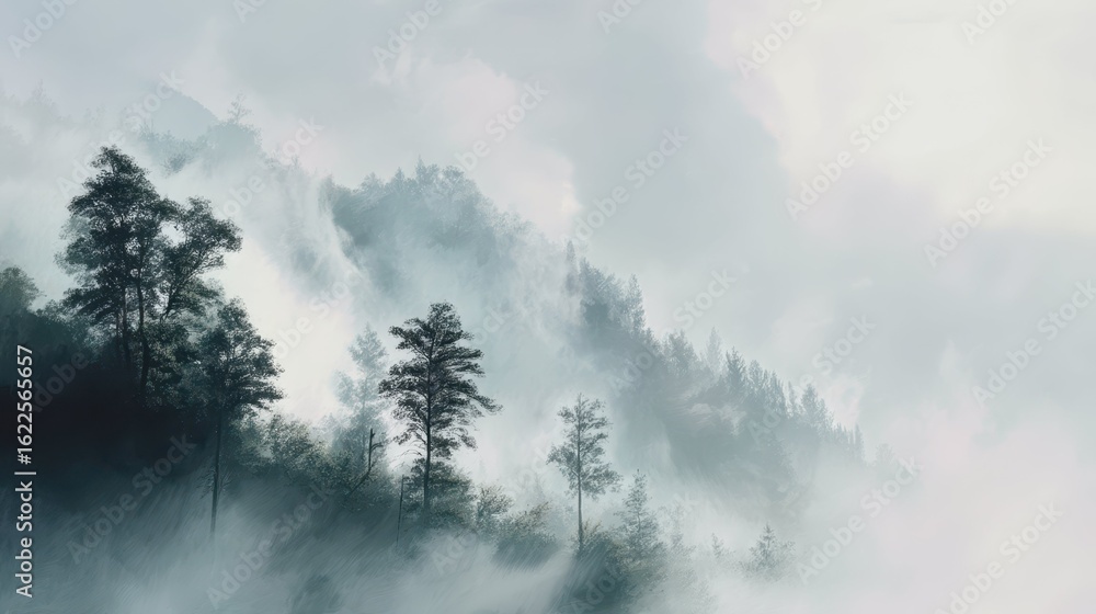 Serene Morning Mist on a White Canvas Landscape Serene Morning Mist on a White Canvas Landscape