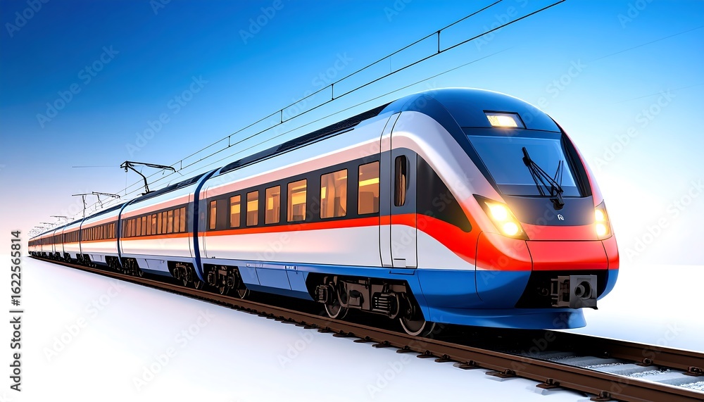 Naklejka premium Sleek modern train traveling at high speed against a vibrant blue sky background