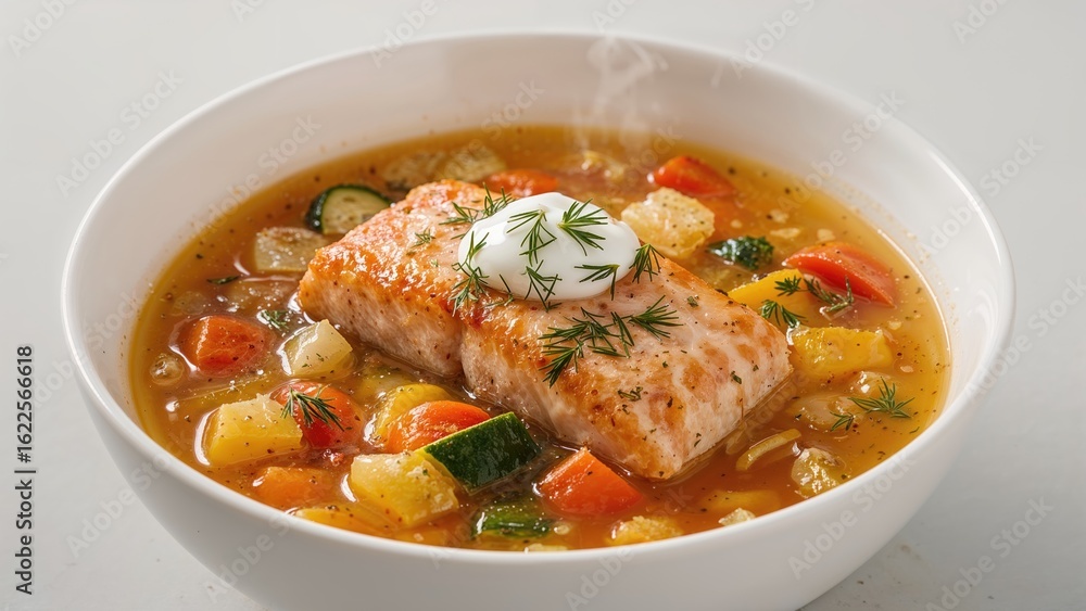 Hearty bowl of vegetable and salmon soup Hearty bowl of vegetable and salmon soup