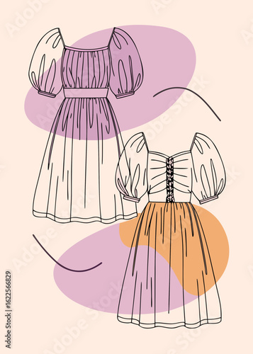 .Vector fashion illustration of a woman's draped satin tunic dress in full color,