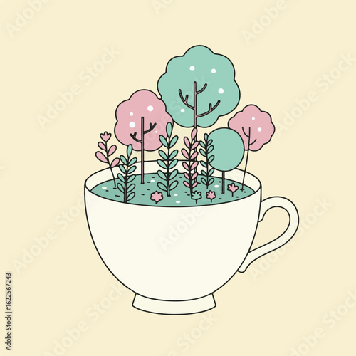 A whimsical concept illustration of a miniature fantasy forest with pastel trees growing inside a white teacup terrarium.
