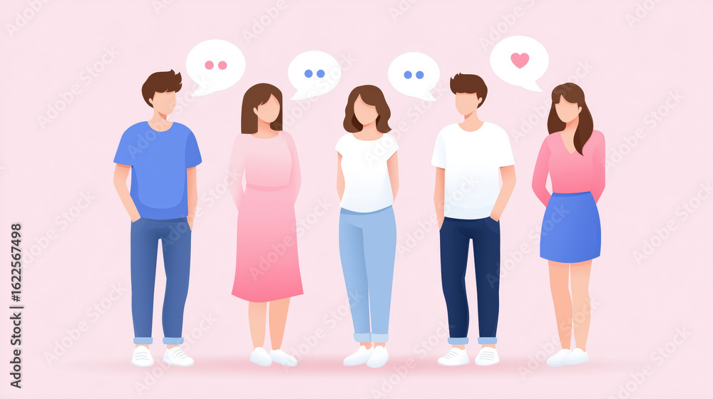 Fototapeta premium Young people standing with speech bubbles above, chatting and expressing emotions in casual clothing on pink background