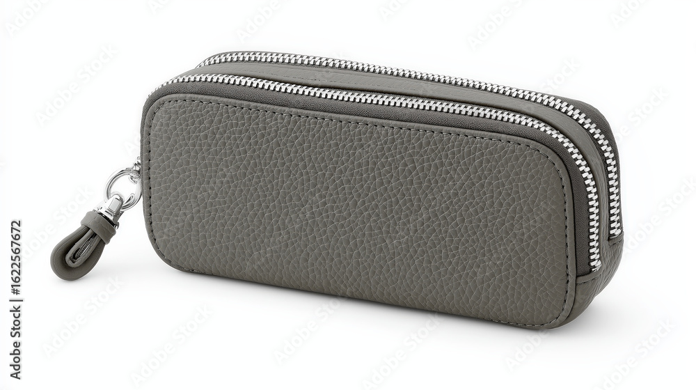 Naklejka premium Gray leather pencil case with double zipper and silver metal pull, compact and textured design for stationery storage