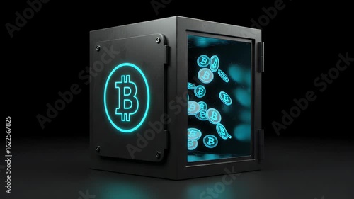 Glowing cryptocurrency symbols inside a dark safe