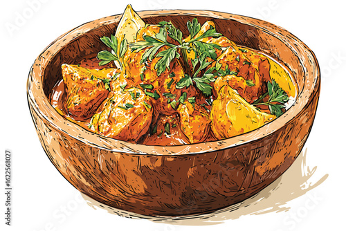 Homemade vegan curry in a rustic wooden bowlwhite b isolated