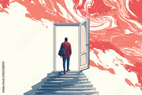 Man climbing stairs to open door on isolated