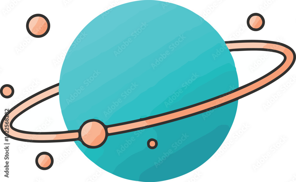 Obraz premium A colorful cartoon illustration of a teal planet with prominent orange rings and orbiting moons. A simple flat design concept of a celestial body in space.