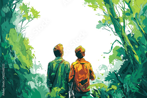Two brothers watching a movie in a green isolated