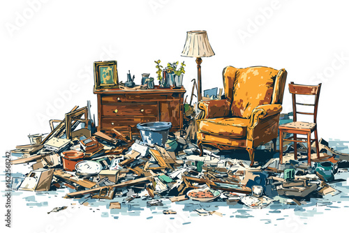 Scattered Waste and Broken Furniture Near Apartment isolated