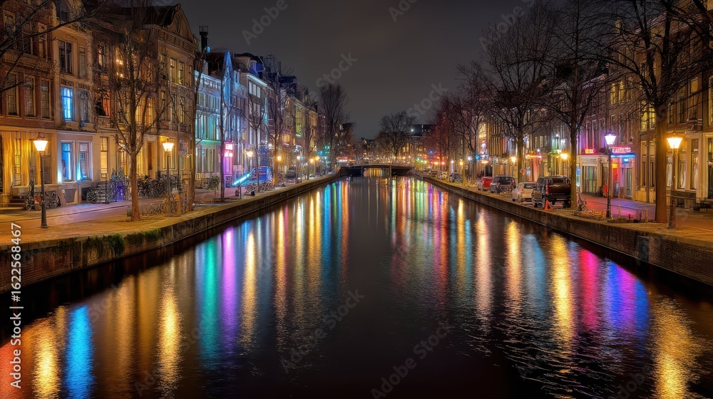Fototapeta premium Colorful Nighttime Reflections on Canal with City Lights