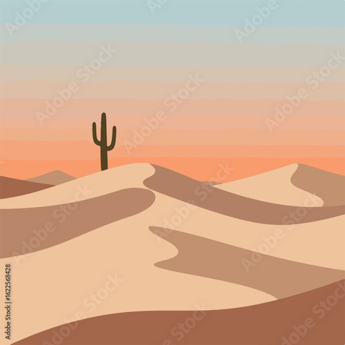 Serene desert landscape with a solitary saguaro cactus amidst rolling sand dunes at dusk. A minimalist flat vector illustration.