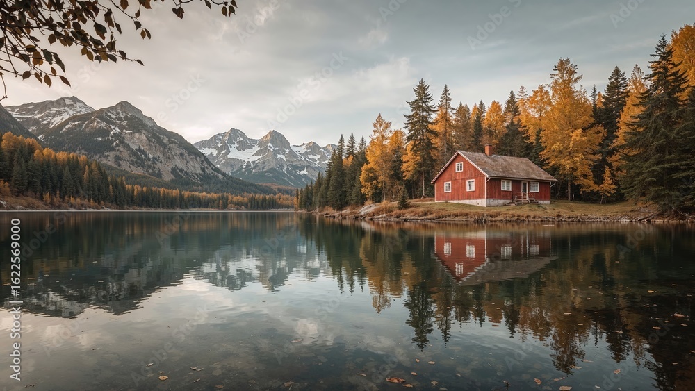 Obraz premium Quiet ruby cabin adjacent to a lake in autumn