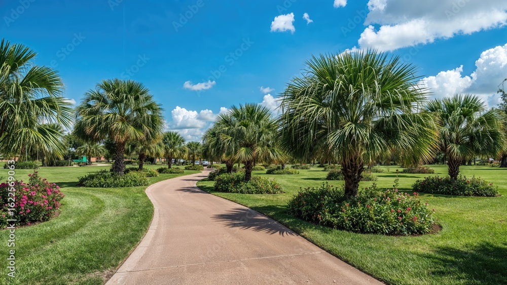 Fototapeta premium A palm tree bordered path in a bustling outdoor park