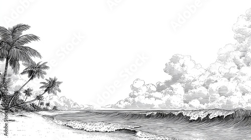 Tropical beach scene with waves and clouds.