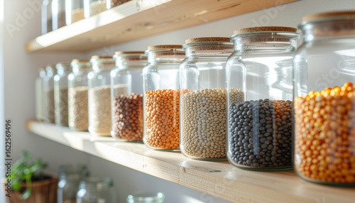Neatly arranged glass jars of colorful legumes and grains line a sunlit wooden pantry shelf.