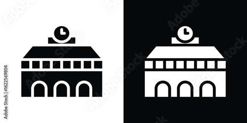Train station building icon silhouette collection in black and white flat solid versions for graphic designs