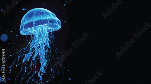 A beautiful bioluminescent blue jellyfish swimming in the dark depths of the ocean.