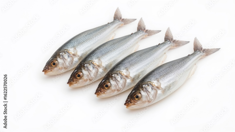 A group of six smelt fish separated on a white surface A group of six smelt fish separated on a white surface