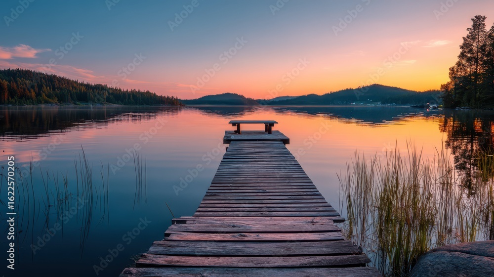 Fototapeta premium Serene Sunset Dock over Calm Lake Waters Surrounded by Nature