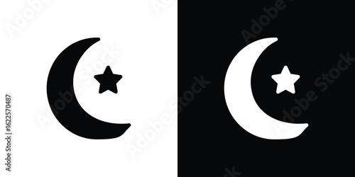 Star and crescent icon silhouette collection in black and white flat solid versions for graphic designs