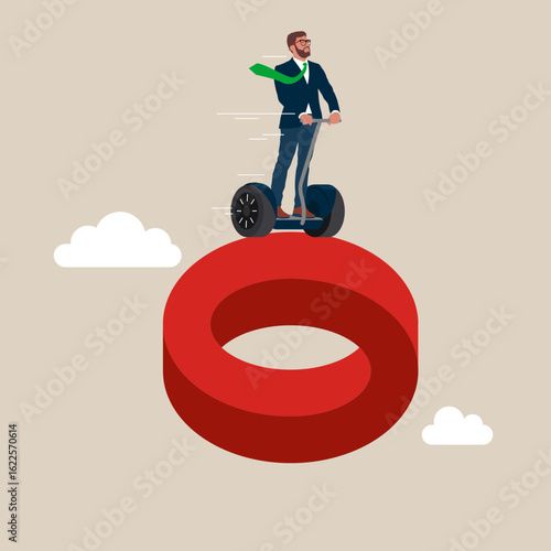 Business team solution with businessman riding Segway traveling on impossible shape. Symbol of challenge, success, cooperation. Vector illustration concept.