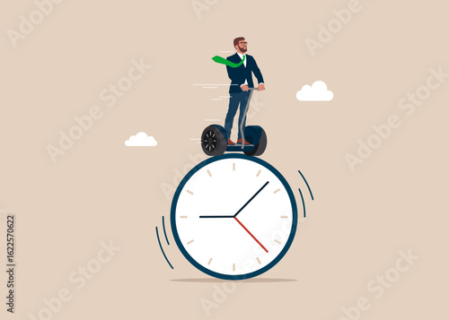 Businessman with Segway riding rolling clock face with confidence and manage to reach target. Time management, work schedule and deadline. Flat vector illustration