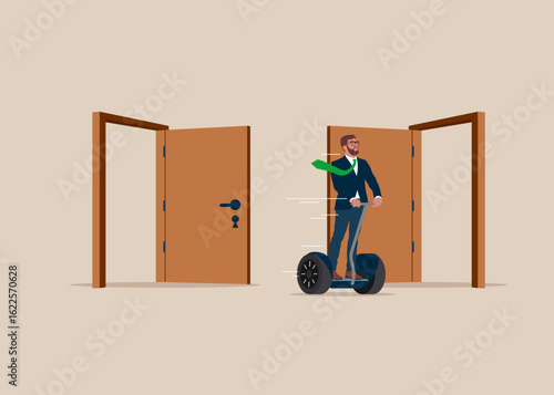 Employee on Segway resign and walk through exit door. Leaving company, people management. Modern vector illustration in flat style