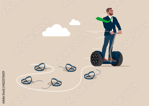 Businessman with Segway pass many steel bear trap to achieve business success. Avoid pitfall, and business failure. Flat vector illustration