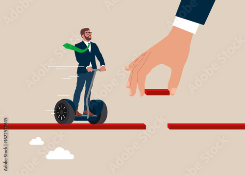 Connect the bridge to help and support businessman on Segway to success, solution or assistance. Giant hand help connect missing piece the bridge for male to cross the gap. 