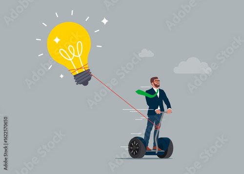 Businessman Riding a Segway with light bulb. Modern vector illustration in flat style