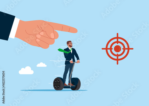 Hand drawing a bridge over an abyss for Businessman on a Segway. Modern vector illustration in flat style