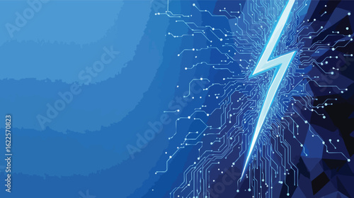Abstract design of a lightning bolt over circuit board and blue background.