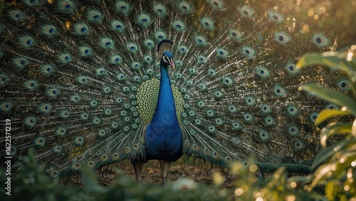 Vibrant peacock spreads its tail in a garden full of birds