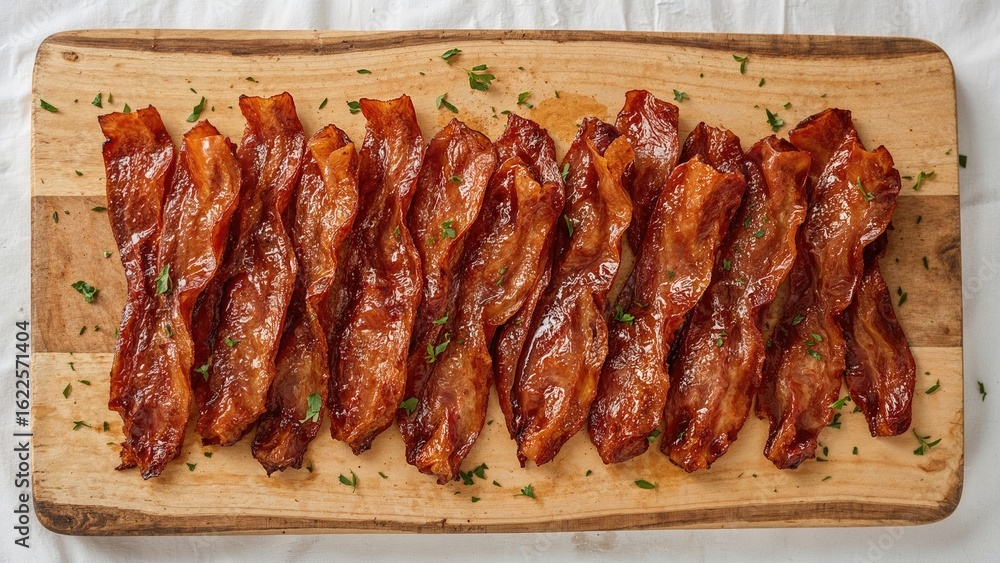 Sliced smoked pork bacon laid out on a wooden cutting board Sliced smoked pork bacon laid out on a wooden cutting board
